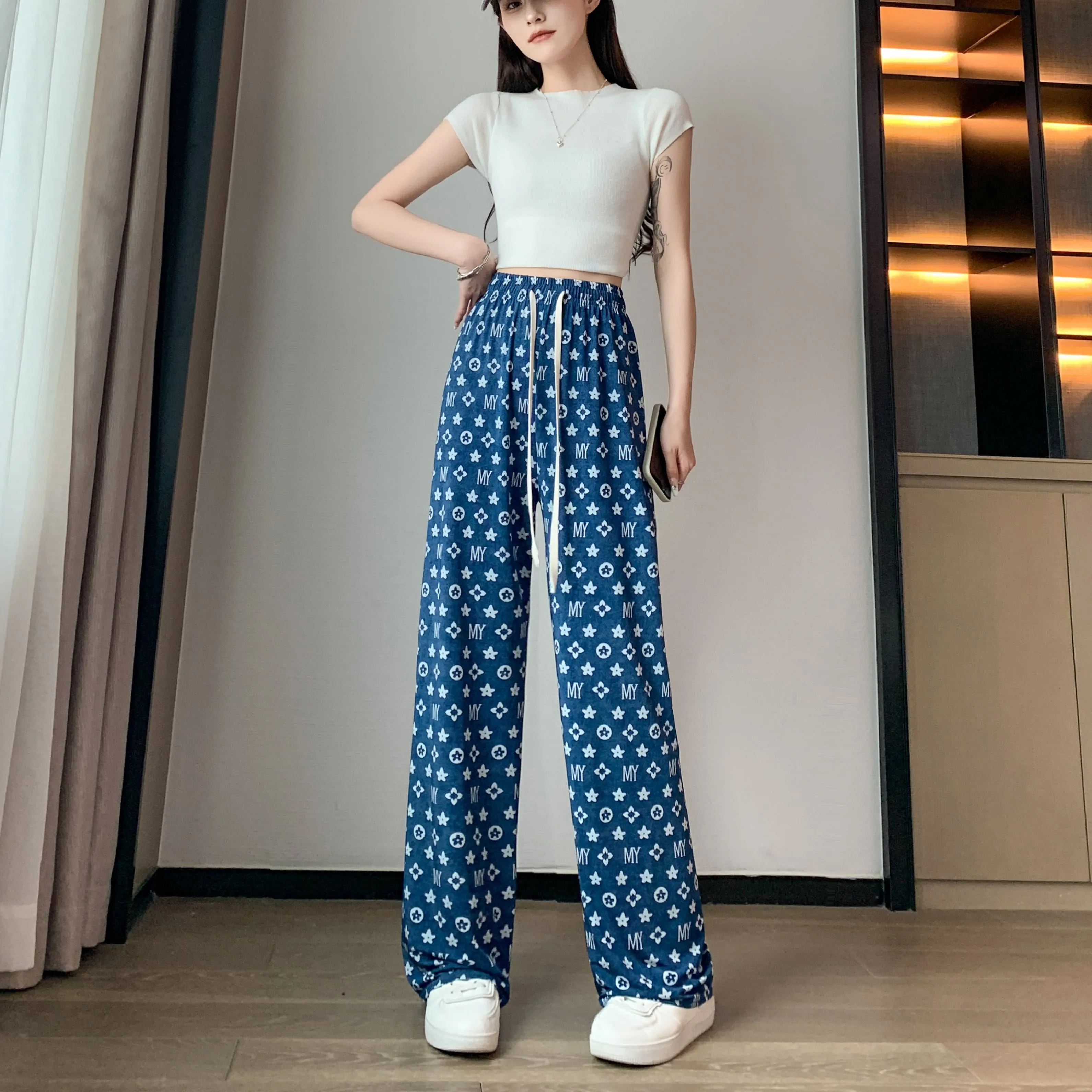 Denim Casual High-Waisted Straight Cool Feeling Sun Protection Draping Cooling Pants