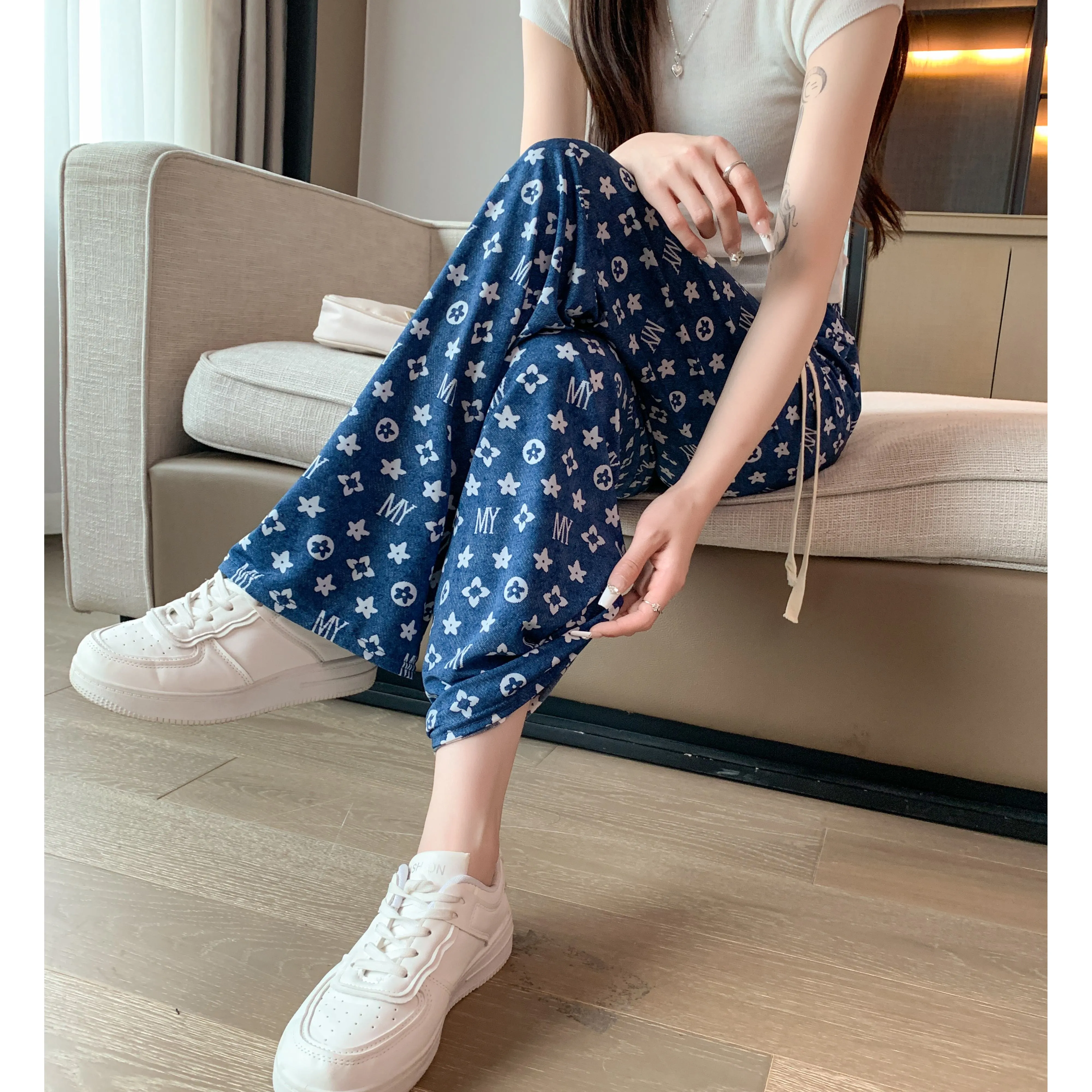 Denim Casual High-Waisted Straight Cool Feeling Sun Protection Draping Cooling Pants