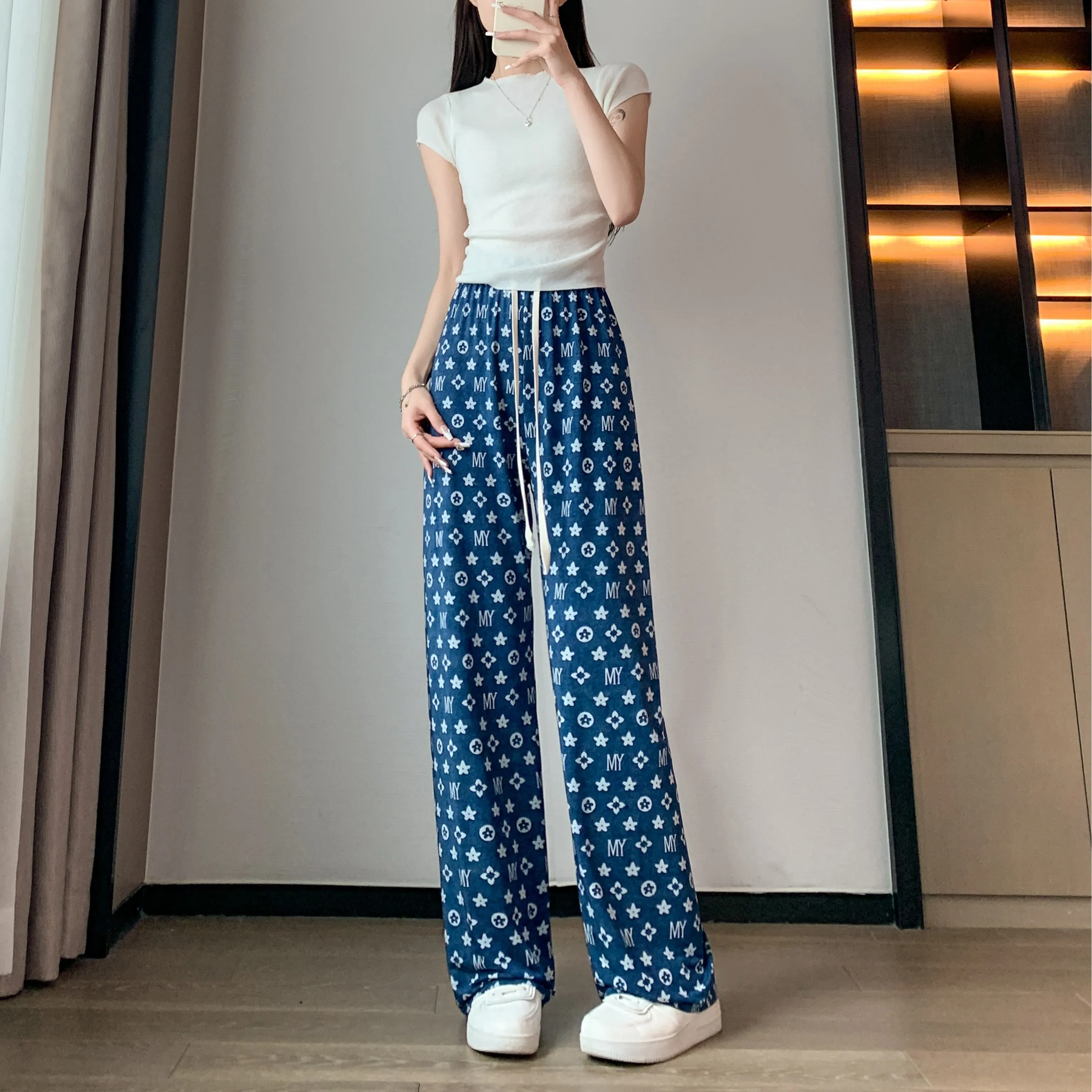 Denim Casual High-Waisted Straight Cool Feeling Sun Protection Draping Cooling Pants