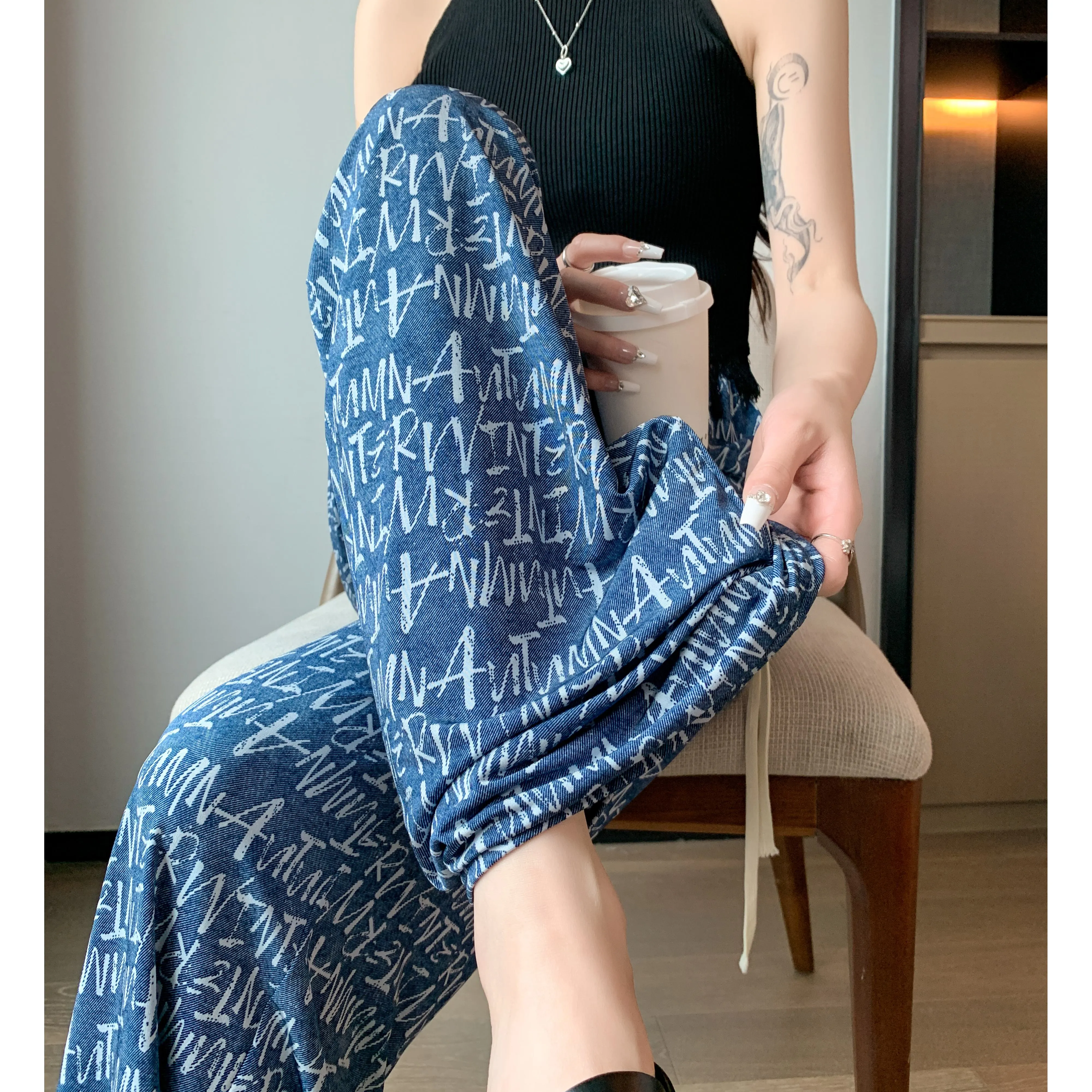 Denim Casual High-Waisted Straight Cool Feeling Sun Protection Draping Cooling Pants