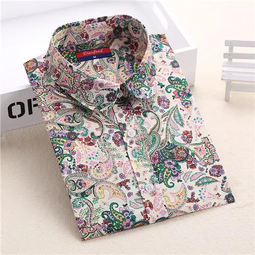 Dioufond New Floral Long Sleeve Vintage Blouse Cherry Turn Down Collar Shirt Blusas Feminino Ladies Blouses Womens  Tops Fashion