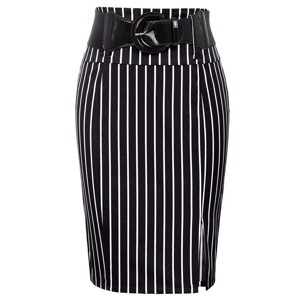 Elegant High Waist Belt Design Bodycon Pinstripe Pencil Skirts For Women