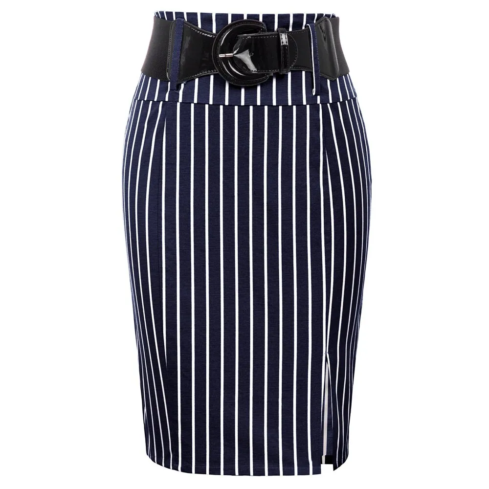 Elegant High Waist Belt Design Bodycon Pinstripe Pencil Skirts For Women