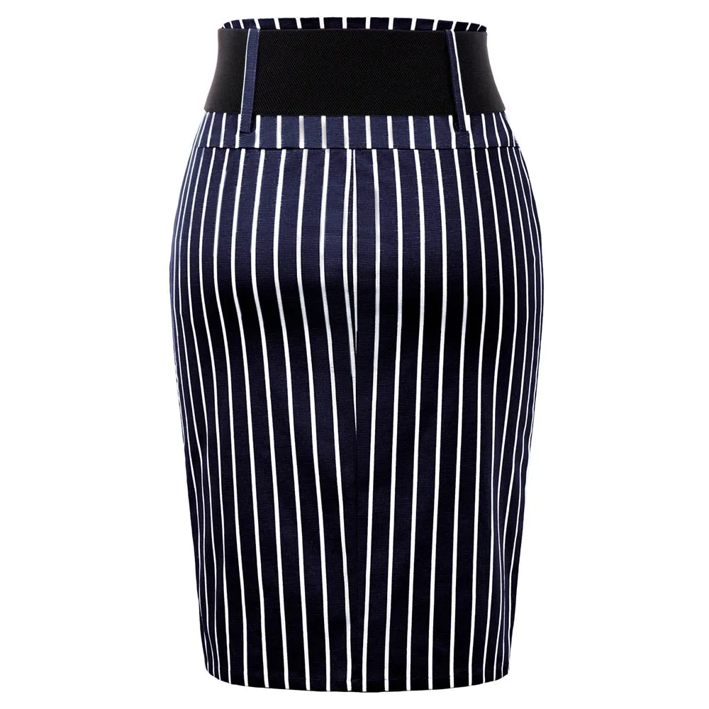 Elegant High Waist Belt Design Bodycon Pinstripe Pencil Skirts For Women