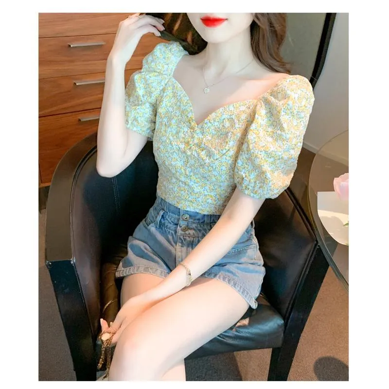 Fairy Bubble Sleeve Floral Print Gentle Chiffon Blouse