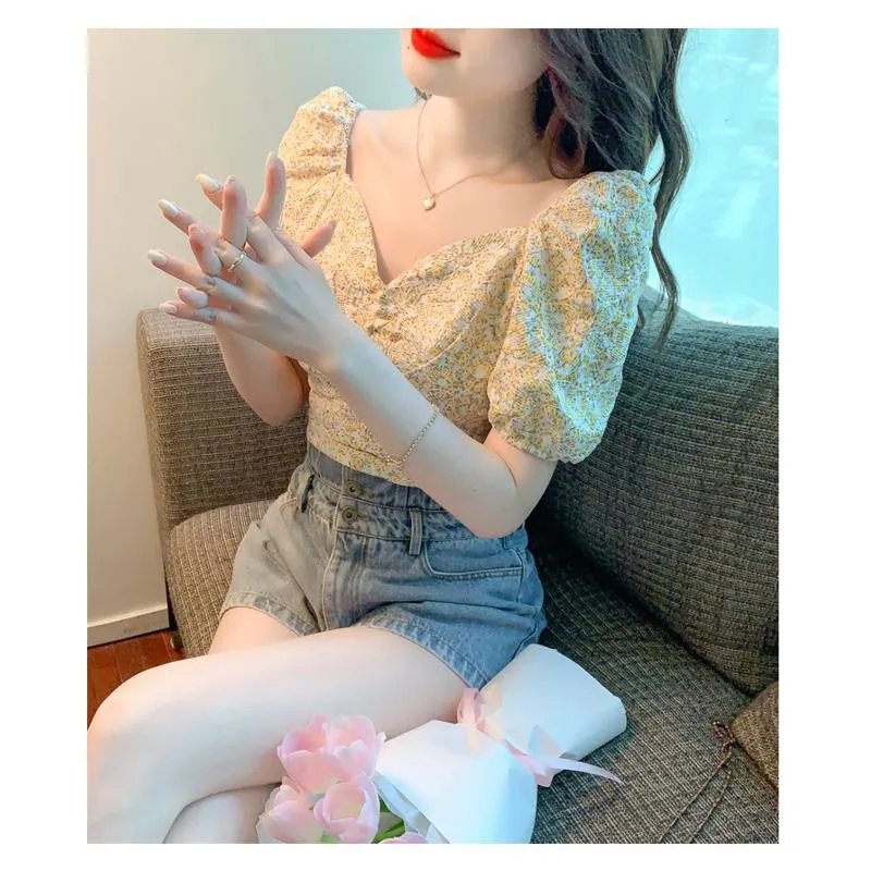 Fairy Bubble Sleeve Floral Print Gentle Chiffon Blouse