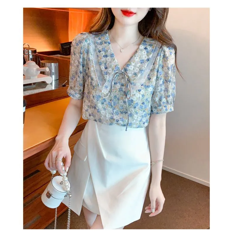 Fairy Floral Print V-Neck Chiffon Bow Tie Blouse