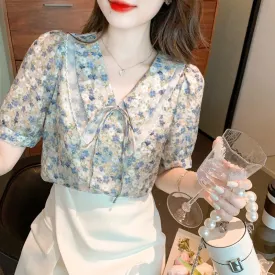 Fairy Floral Print V-Neck Chiffon Bow Tie Blouse