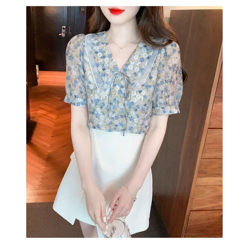 Fairy Floral Print V-Neck Chiffon Bow Tie Blouse