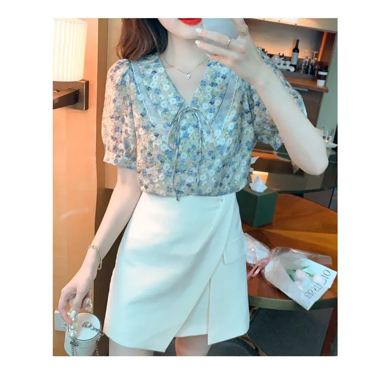 Fairy Floral Print V-Neck Chiffon Bow Tie Blouse