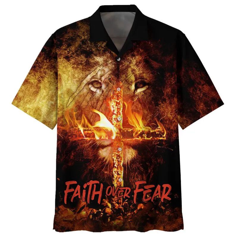 Faith Over Fear Lion Cross Hawaiian Shirts - Christian Hawaiian Shirt - Hawaiian Shirts For Men