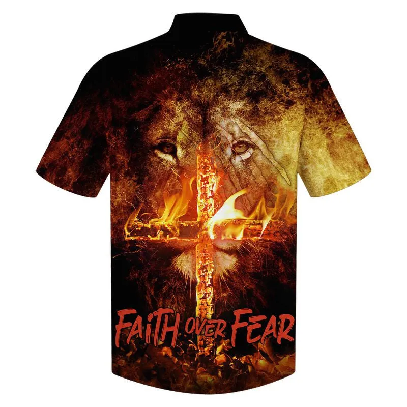 Faith Over Fear Lion Cross Hawaiian Shirts - Christian Hawaiian Shirt - Hawaiian Shirts For Men