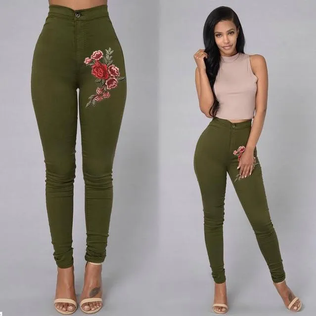 Floral Embroidered  High Waist Skinny Jean