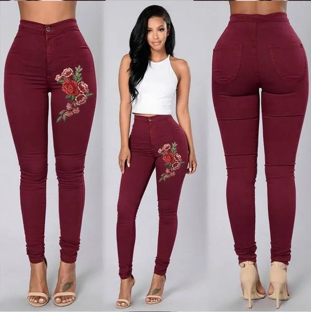 Floral Embroidered  High Waist Skinny Jean