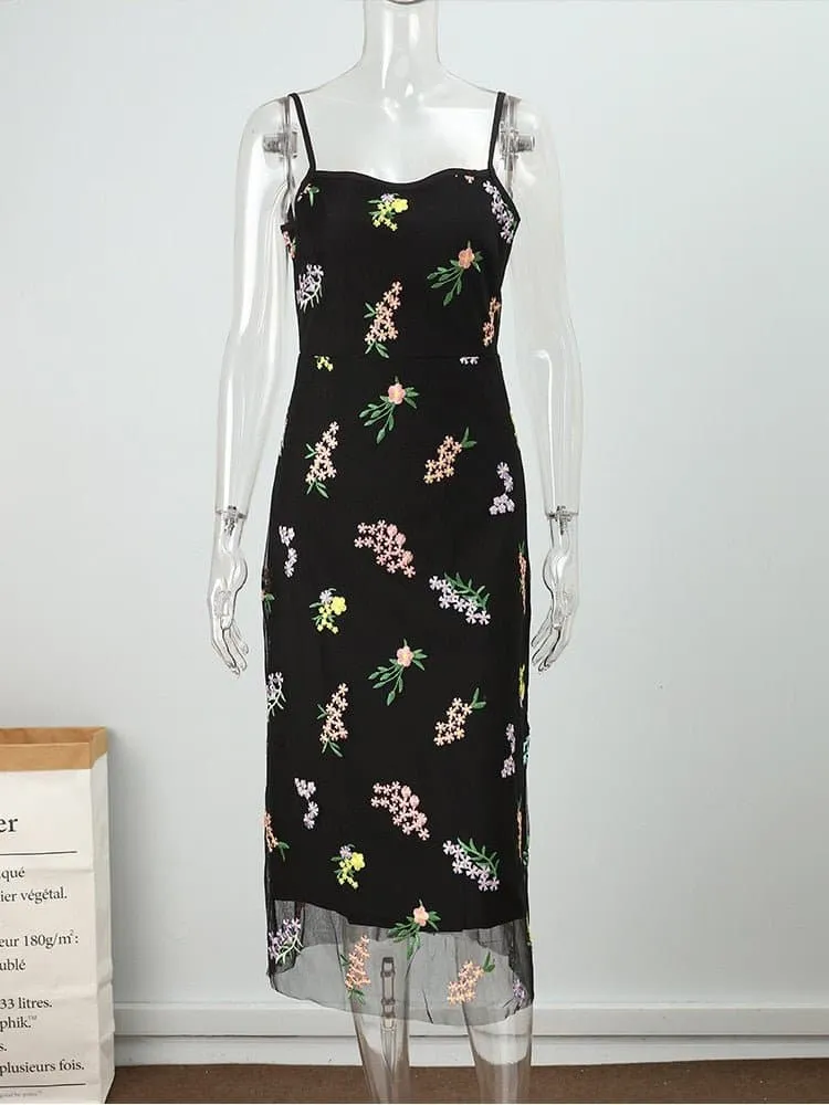 Floral Print Dress - Elegant Embroidery, Chiffon Fabric, Empire Waist