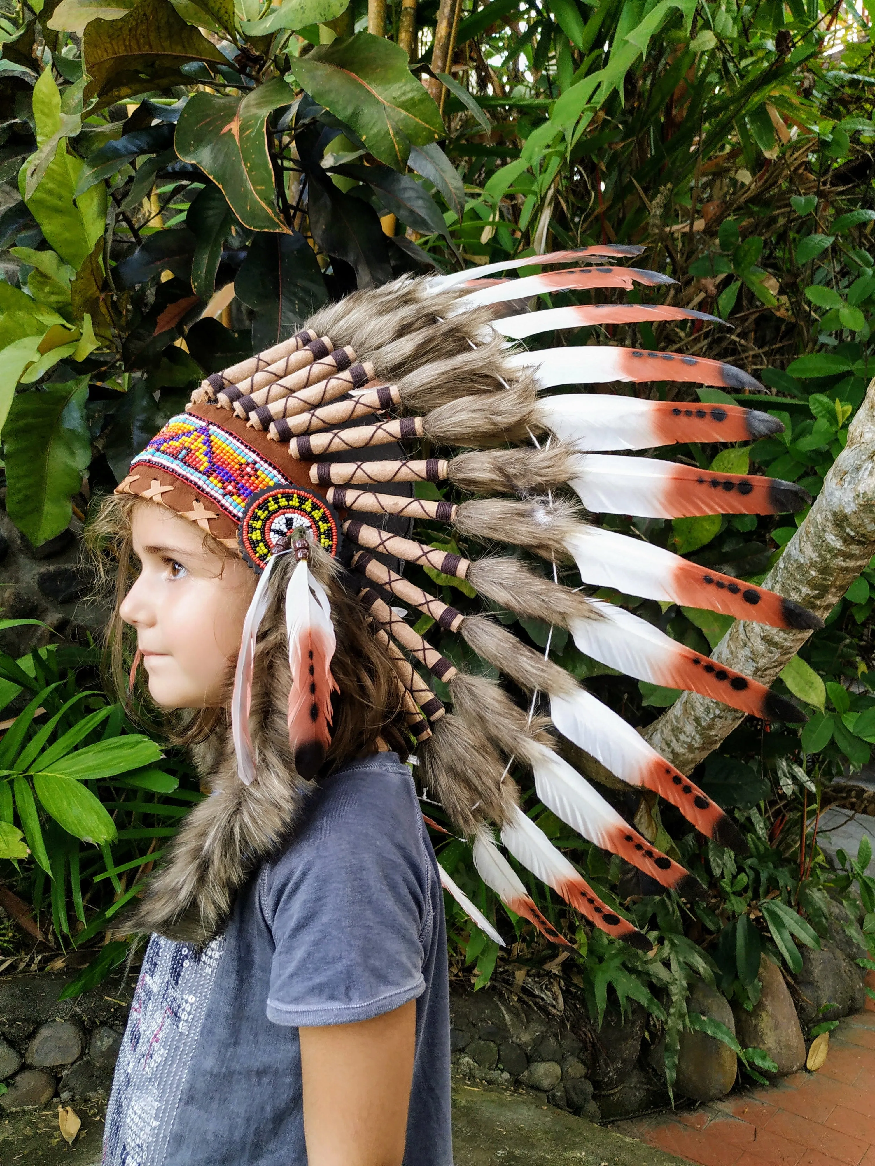 For Children: three colors brown Feather Headdress From 5 - 8 years old