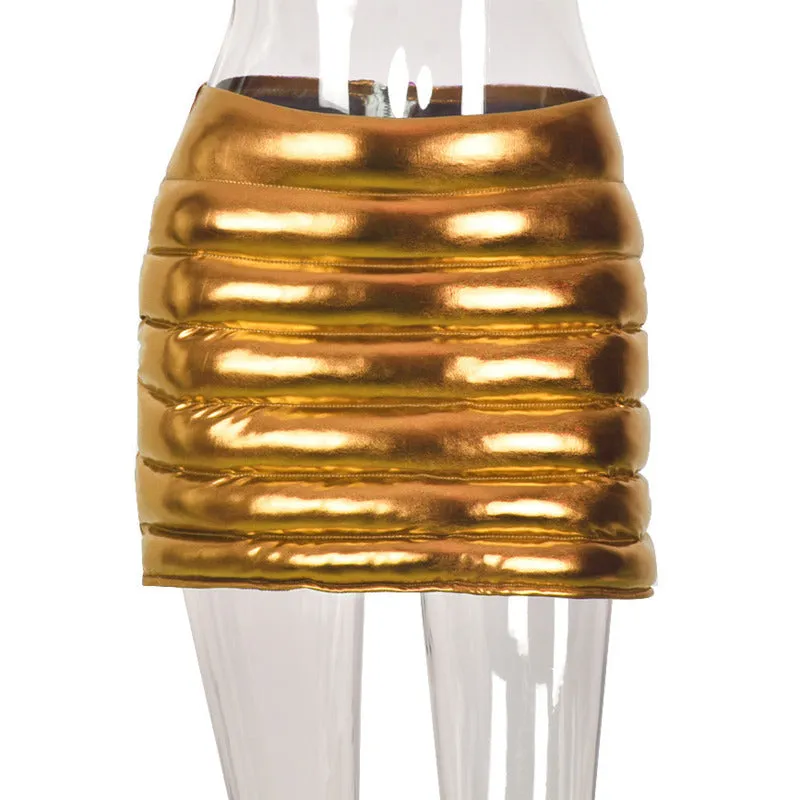 Gold Women's Puffer Skirt Metallic Shiny Quilted Mini A-line Skirts