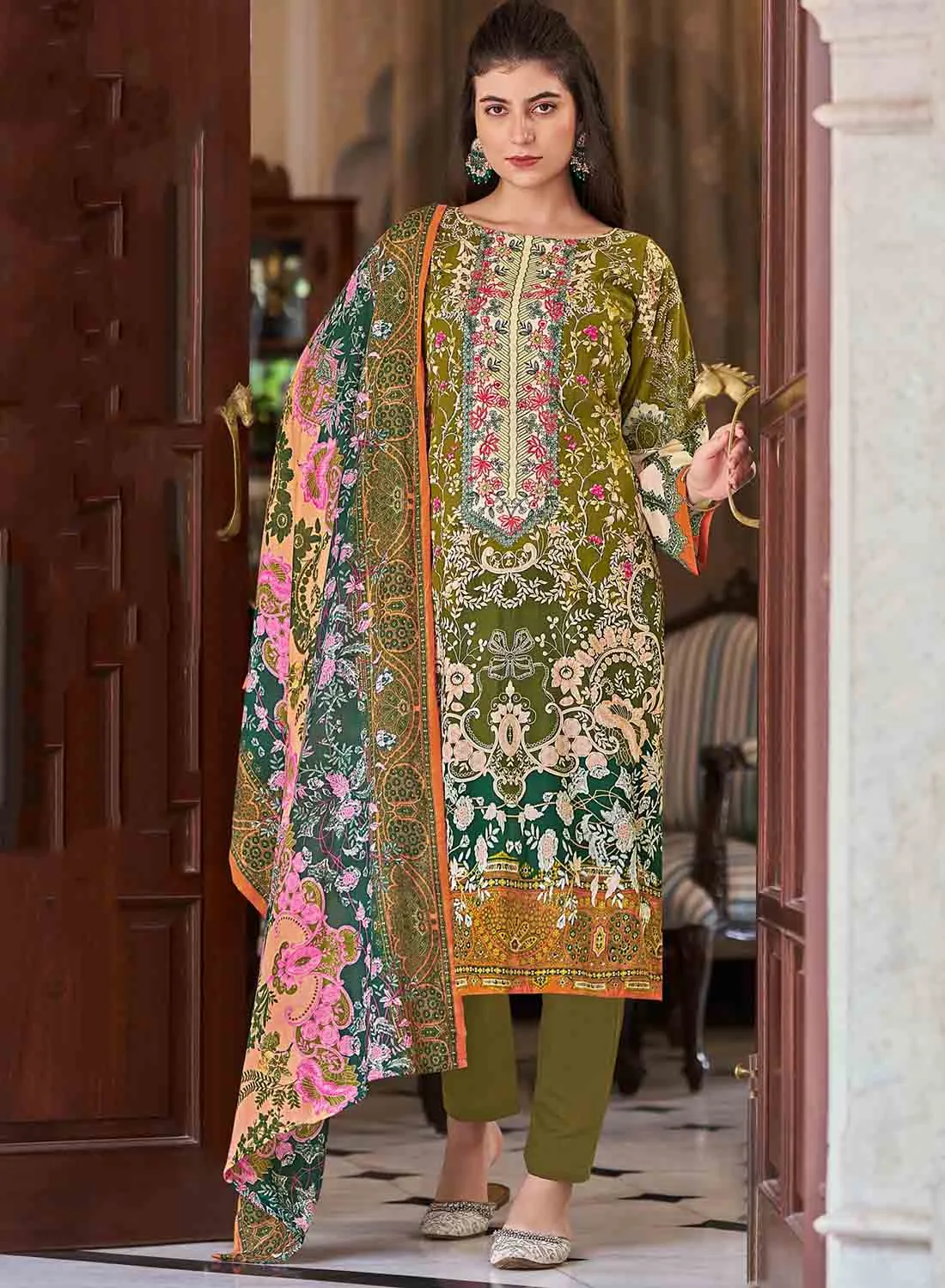 Green Pakistani Print Unstitched Cotton Suit Dress Material with Dupatta