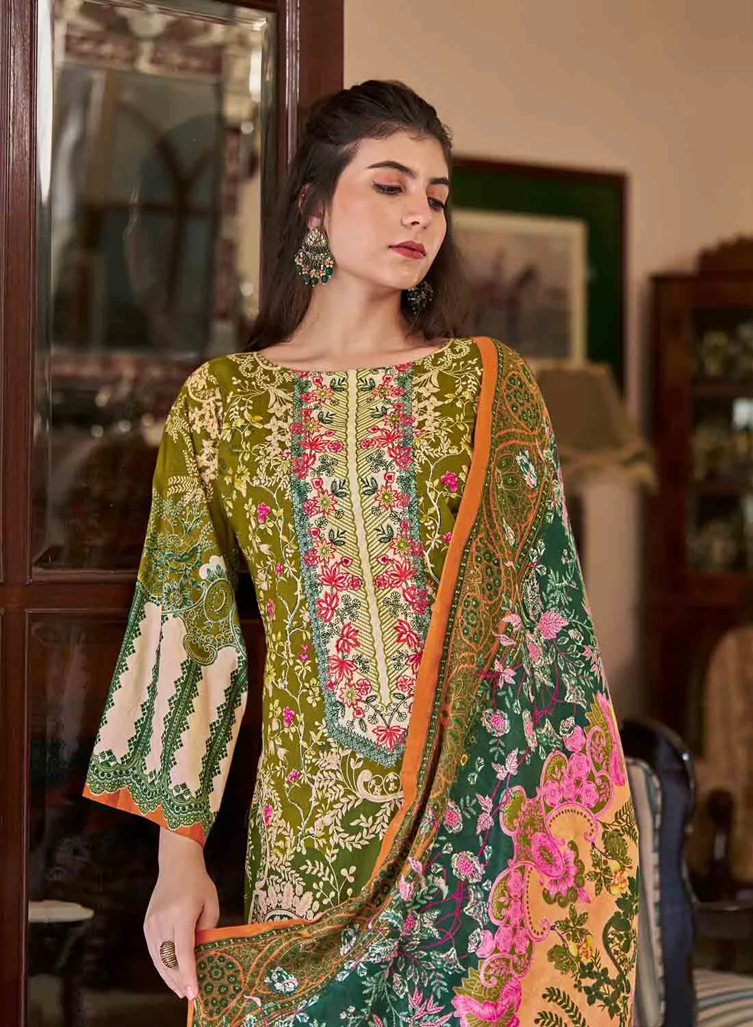 Green Pakistani Print Unstitched Cotton Suit Dress Material with Dupatta