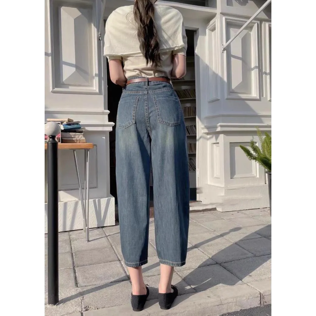 High-Waisted Banana-Shaped Worn-Out Look Loose-Fit Thickness Wide Leg Jeans