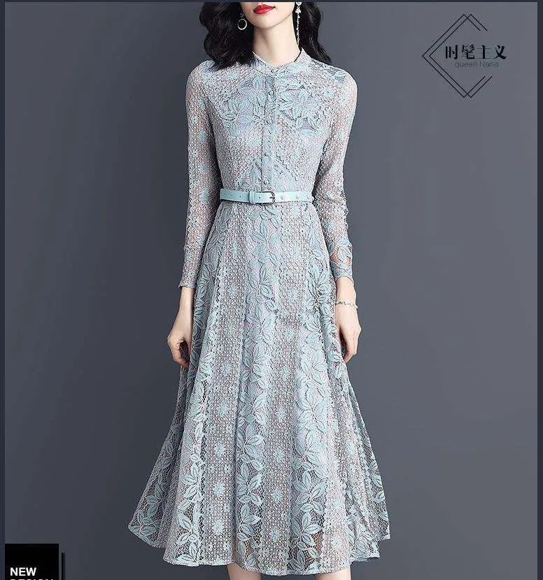 High-waisted MIDI dress temperament lady lace dress