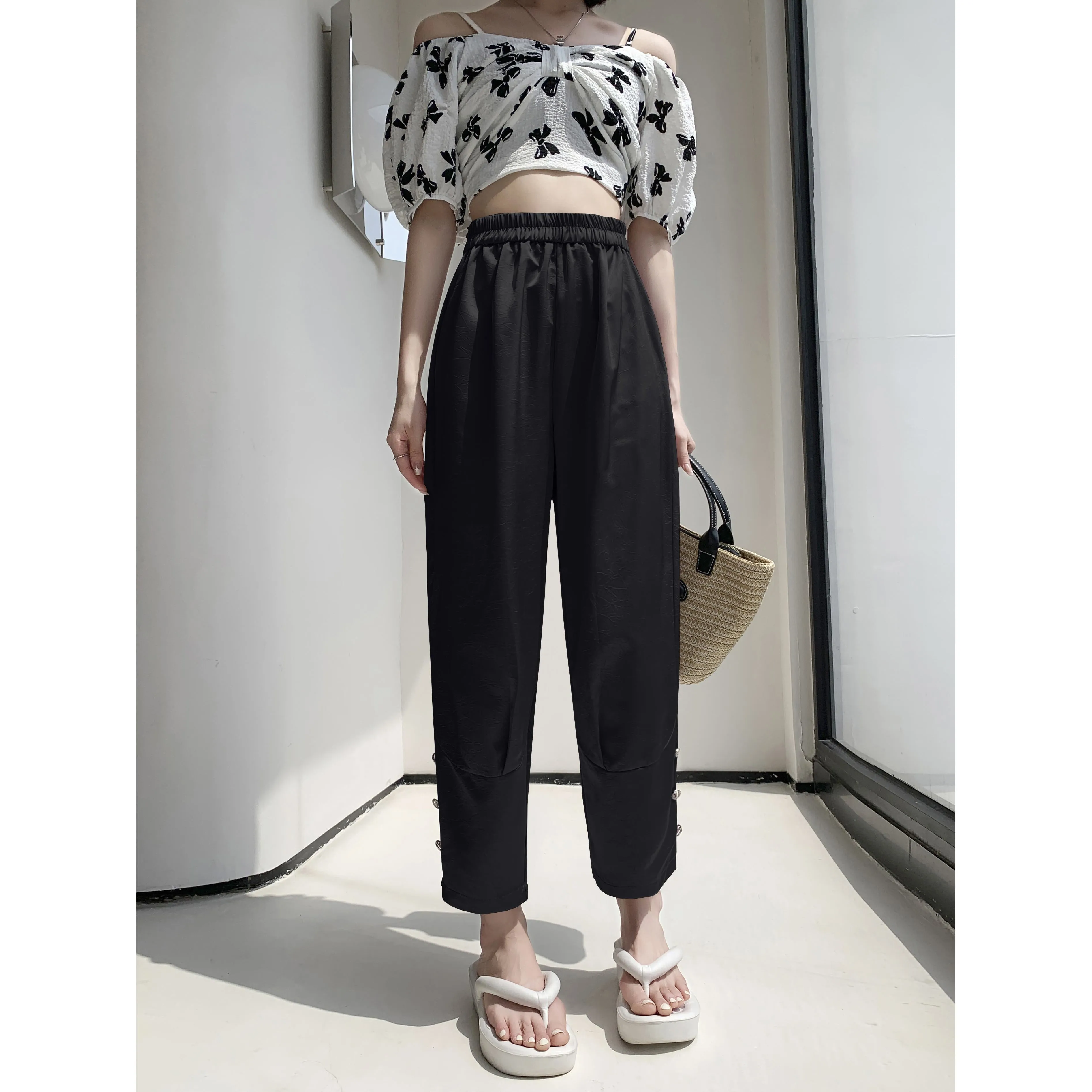 High-Waisted Silky Acetic Acid Sun Protection Draping Pants