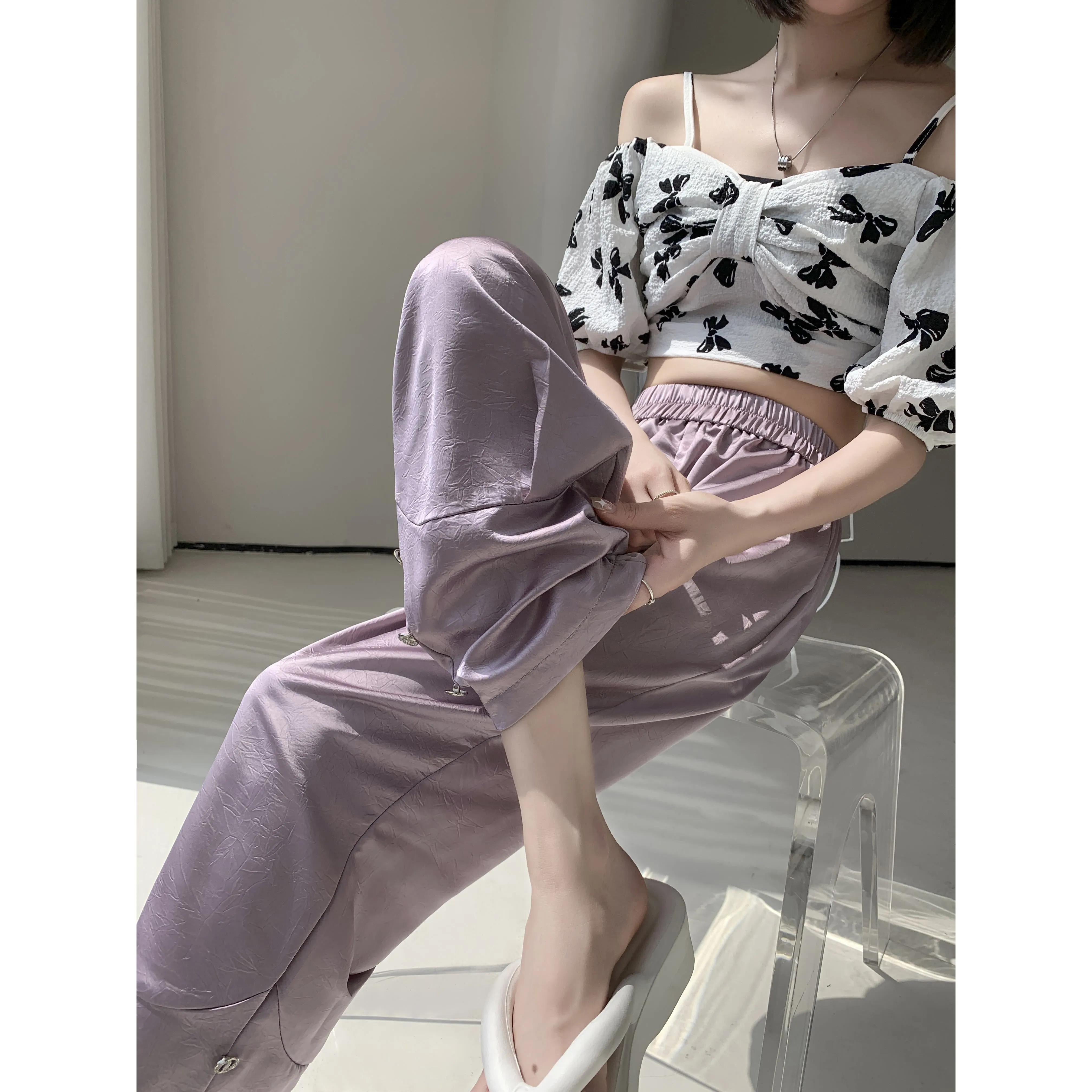 High-Waisted Silky Acetic Acid Sun Protection Draping Pants