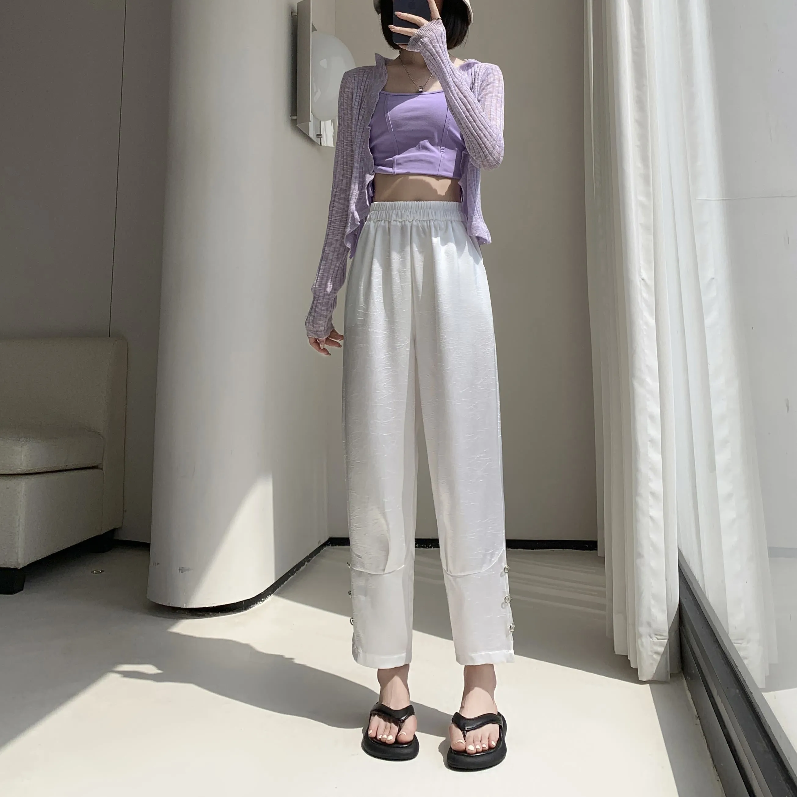 High-Waisted Silky Acetic Acid Sun Protection Draping Pants