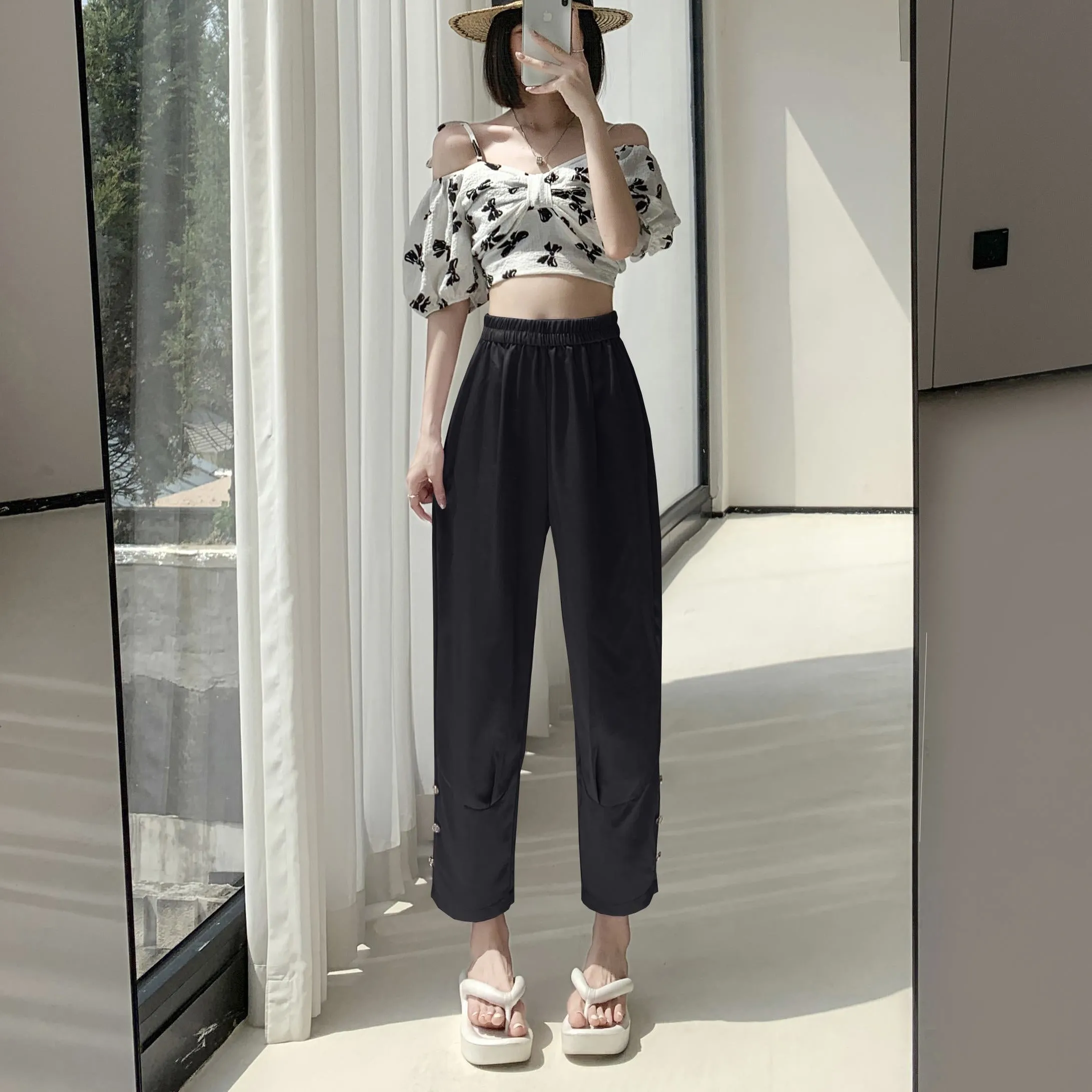 High-Waisted Silky Acetic Acid Sun Protection Draping Pants