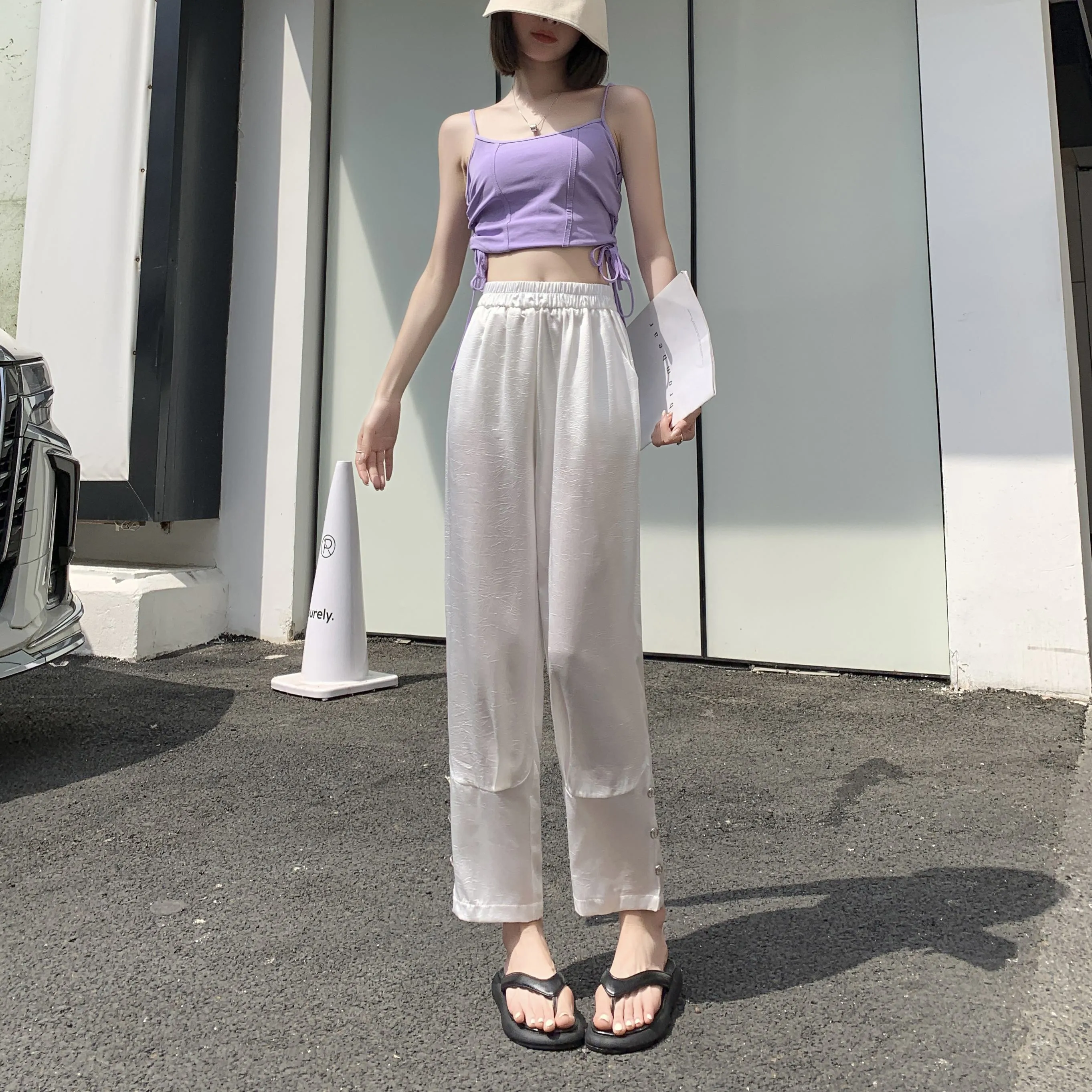 High-Waisted Silky Acetic Acid Sun Protection Draping Pants