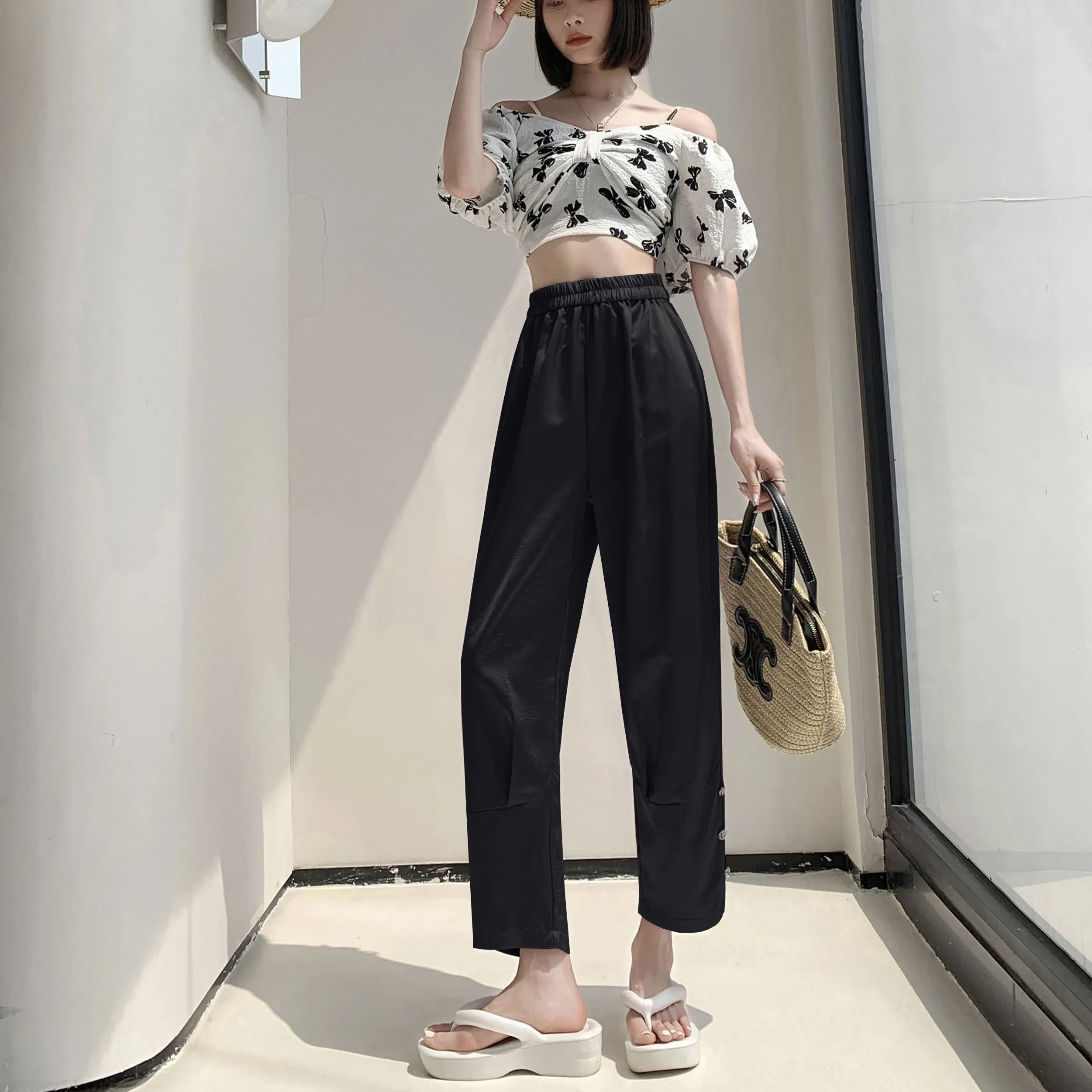 High-Waisted Silky Acetic Acid Sun Protection Draping Pants