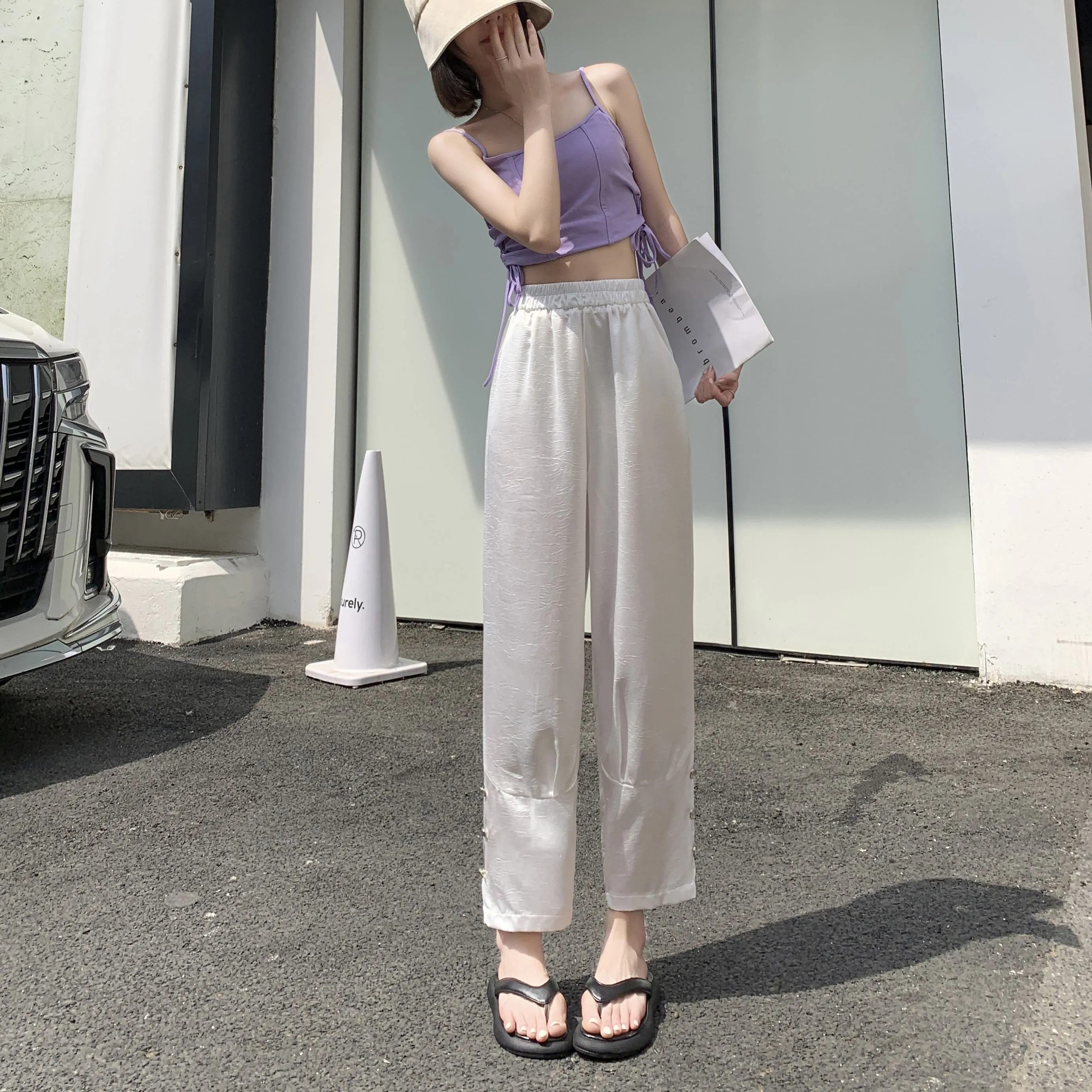 High-Waisted Silky Acetic Acid Sun Protection Draping Pants