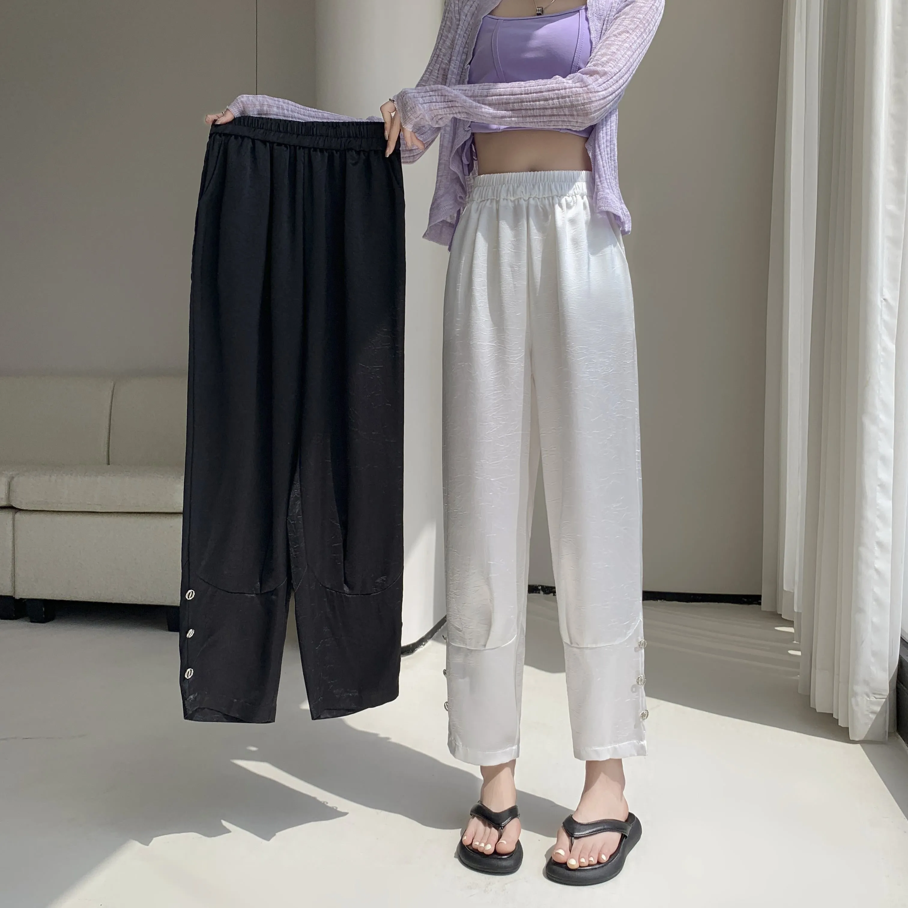 High-Waisted Silky Acetic Acid Sun Protection Draping Pants