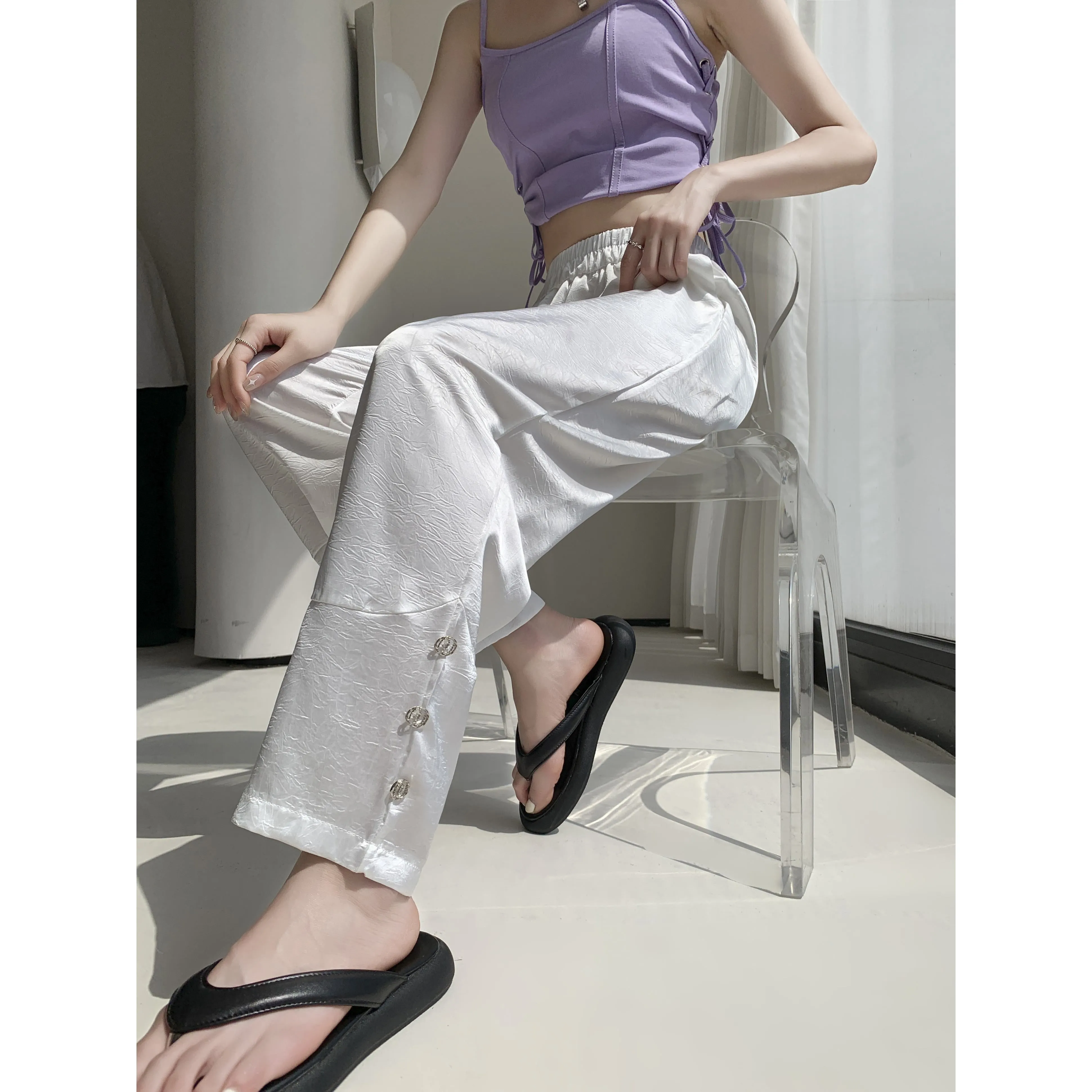 High-Waisted Silky Acetic Acid Sun Protection Draping Pants