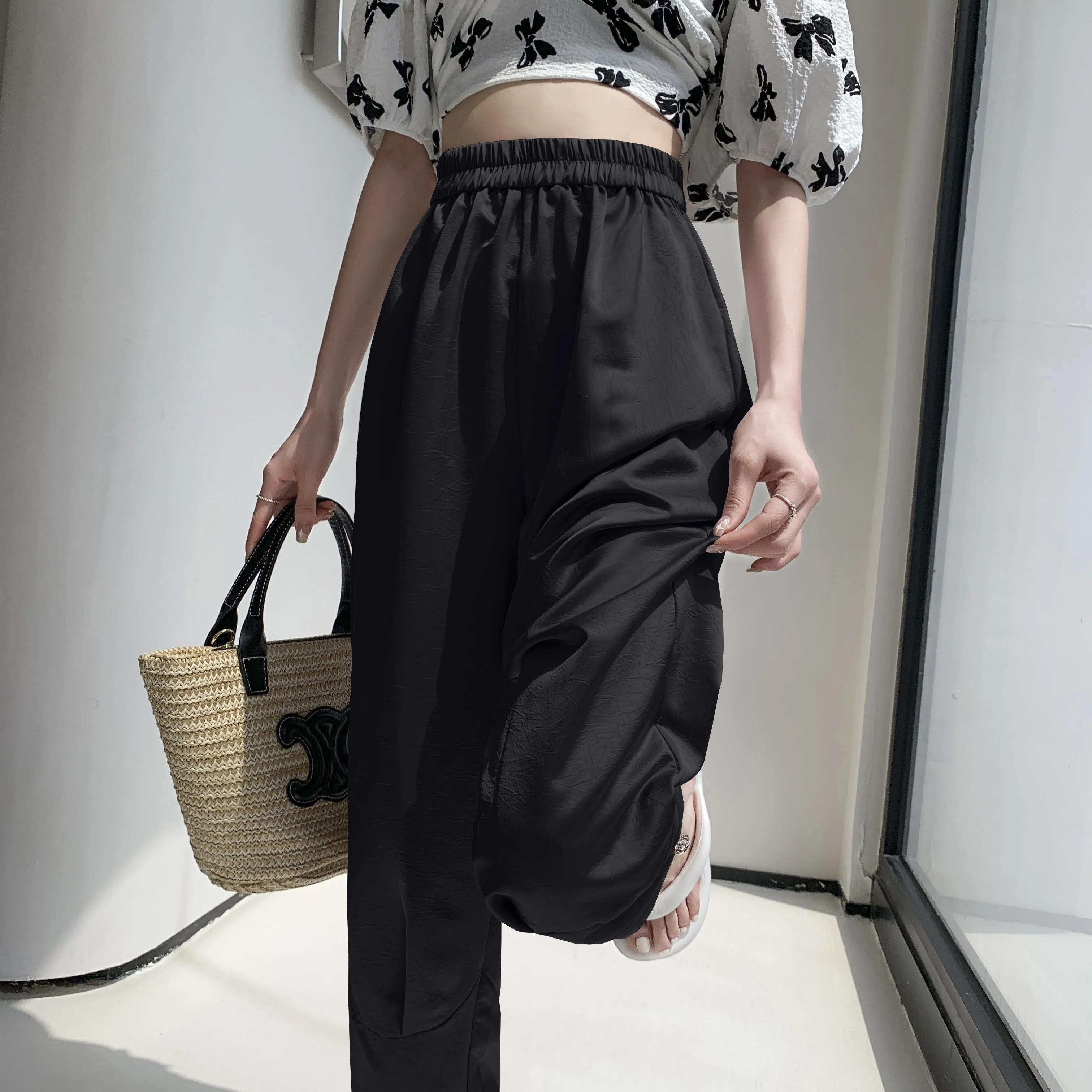 High-Waisted Silky Acetic Acid Sun Protection Draping Pants