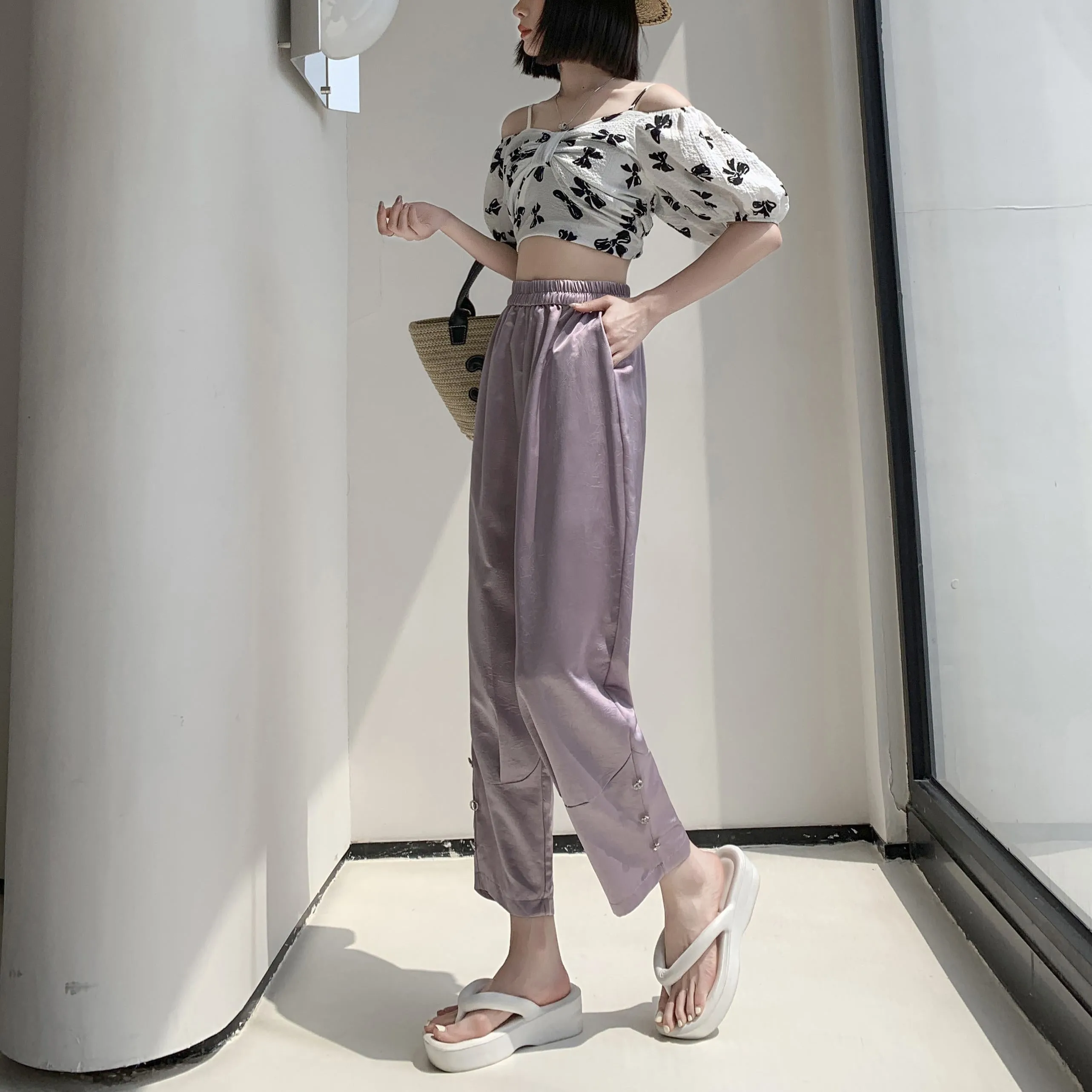 High-Waisted Silky Acetic Acid Sun Protection Draping Pants