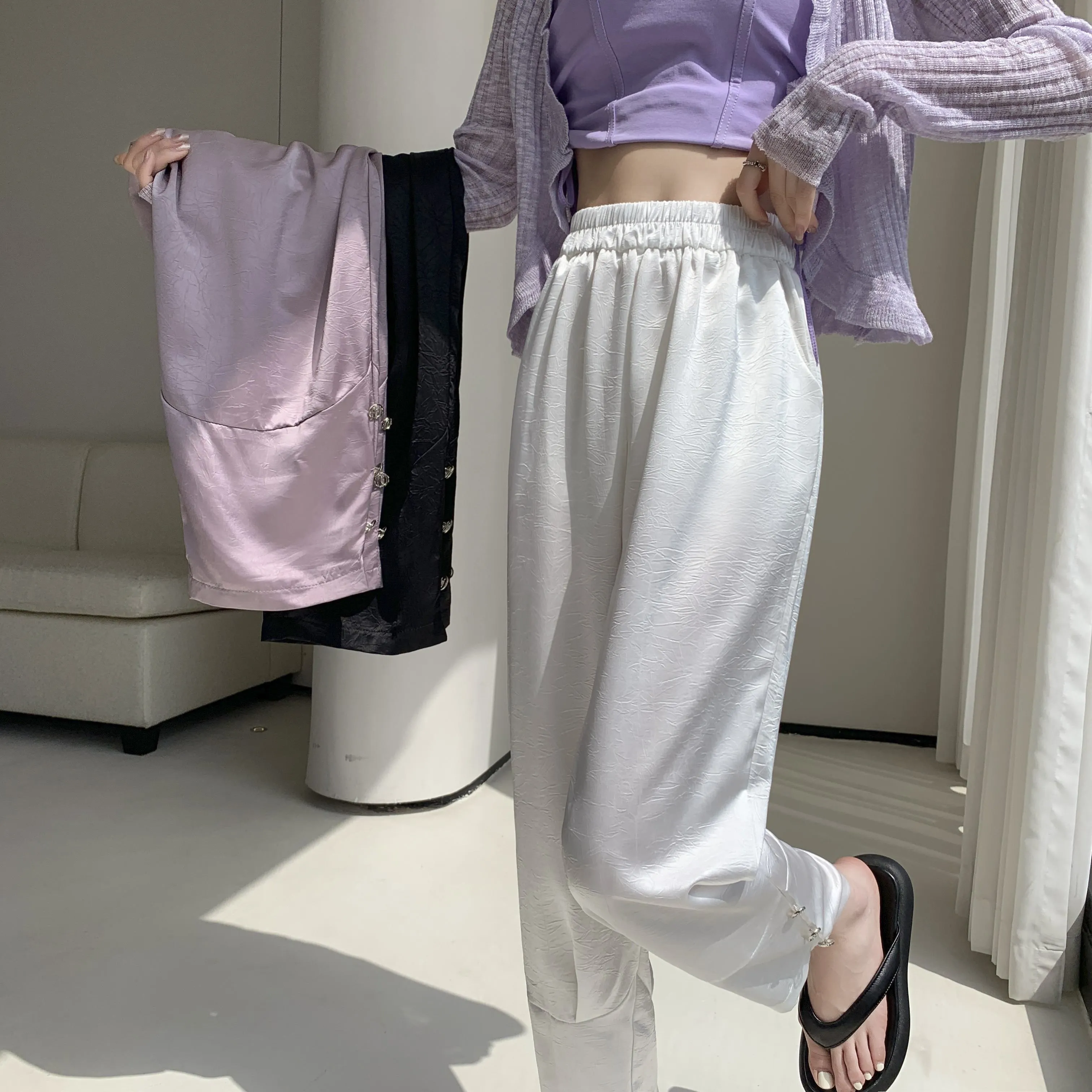 High-Waisted Silky Acetic Acid Sun Protection Draping Pants