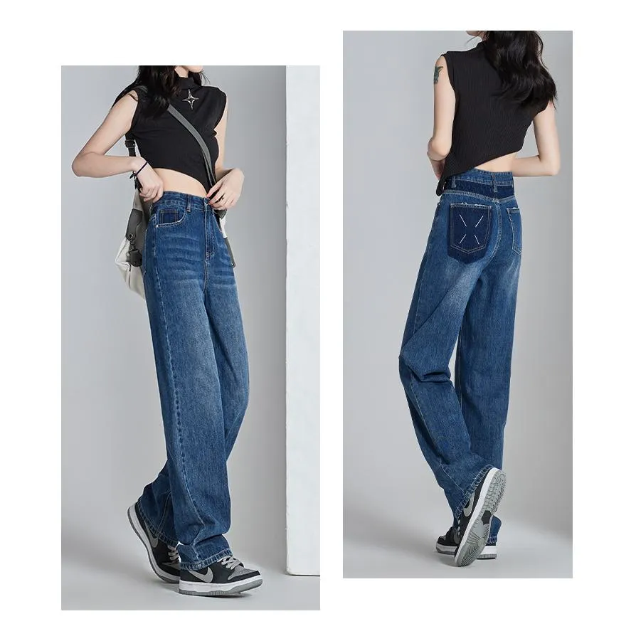 High-Waisted Thin Slimming Draping Versatile Loose Fit Straight Leg Jeans