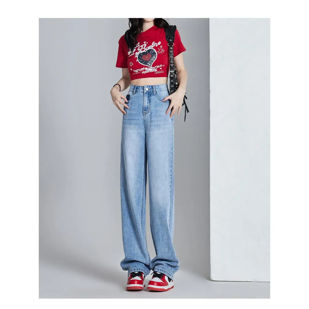 High-Waisted Thin Slimming Draping Versatile Loose Fit Straight Leg Jeans