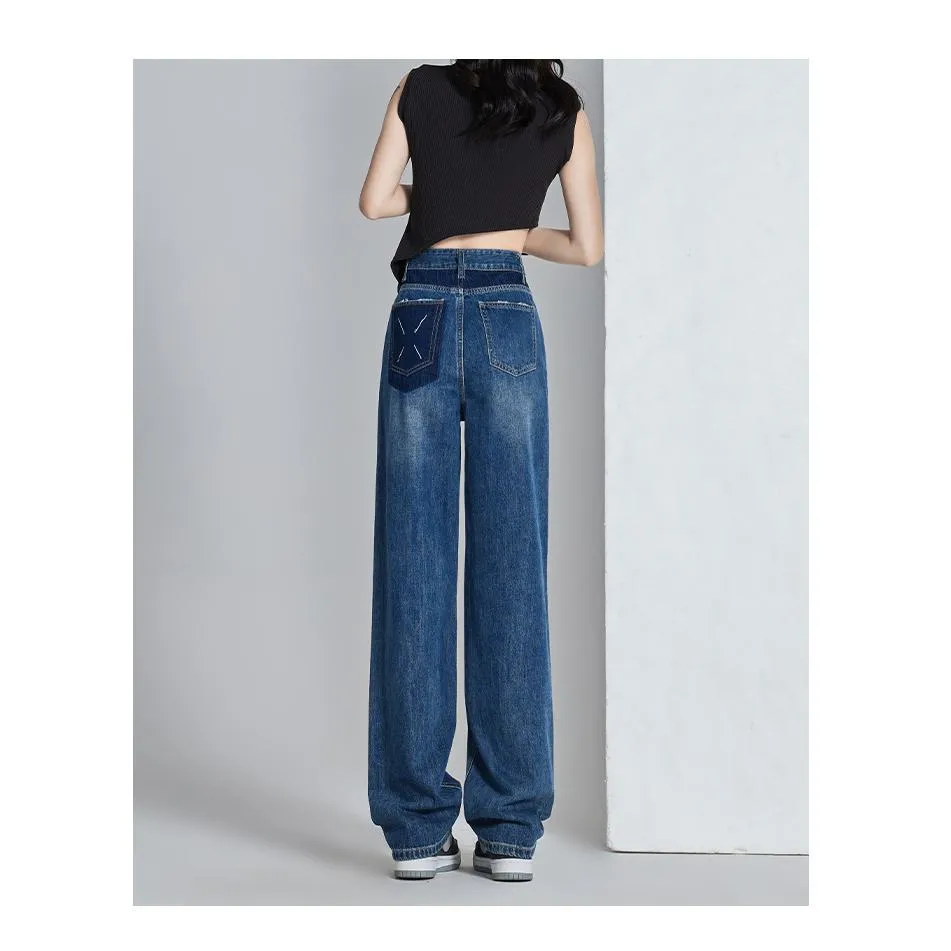 High-Waisted Thin Slimming Draping Versatile Loose Fit Straight Leg Jeans