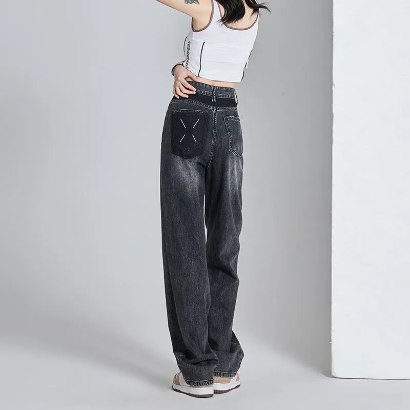 High-Waisted Thin Slimming Draping Versatile Loose Fit Straight Leg Jeans