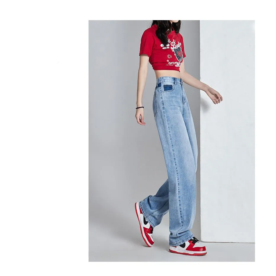 High-Waisted Thin Slimming Draping Versatile Loose Fit Straight Leg Jeans