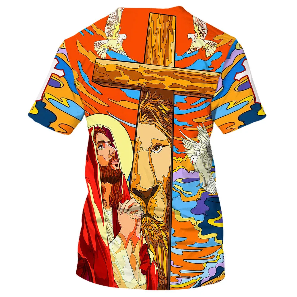 Jesus Praying Lion Of Judah Christian Cross Faith 3d All Over Print Shirt - Christian 3d Shirts For Men Women