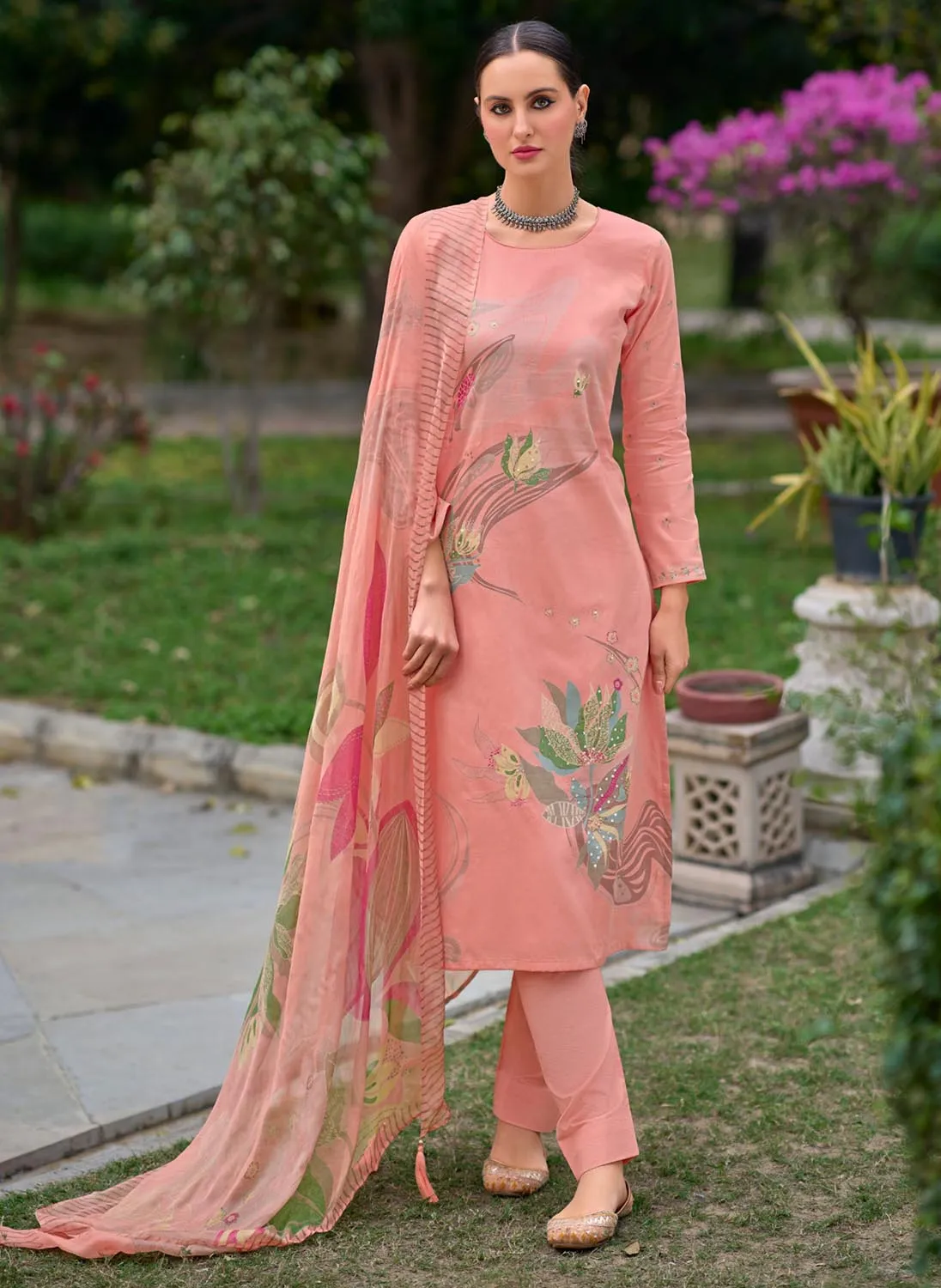 Kilory Peach Unstitched Cotton Salwar Suit Material for Women