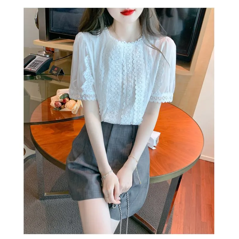 Lace Round Neck Versatile Chiffon Blouse