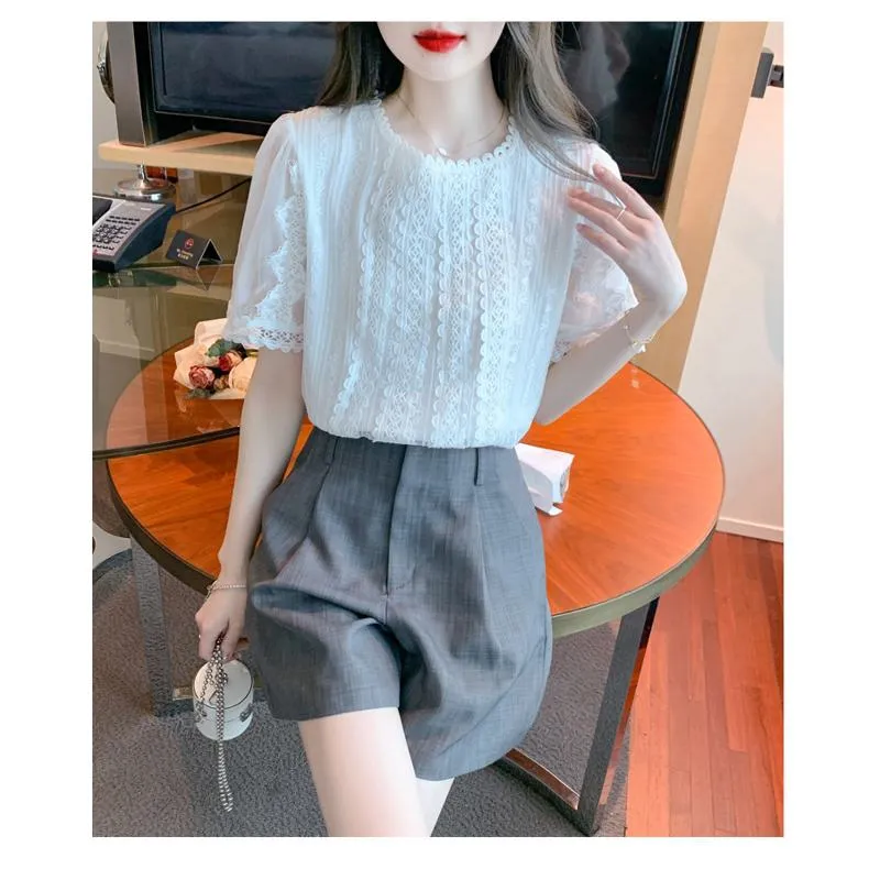 Lace Round Neck Versatile Chiffon Blouse