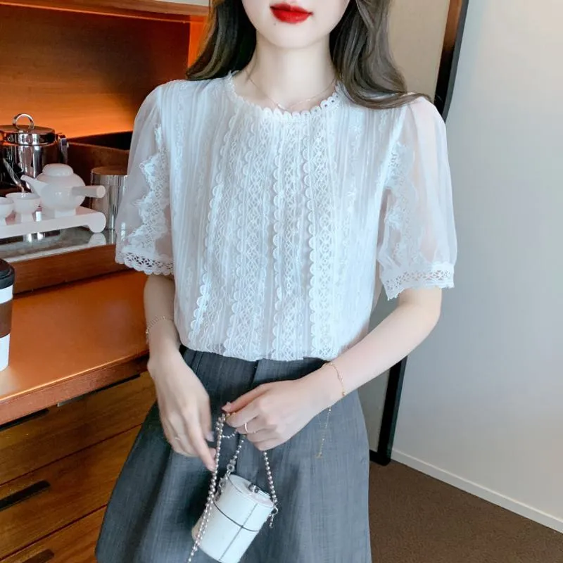 Lace Round Neck Versatile Chiffon Blouse