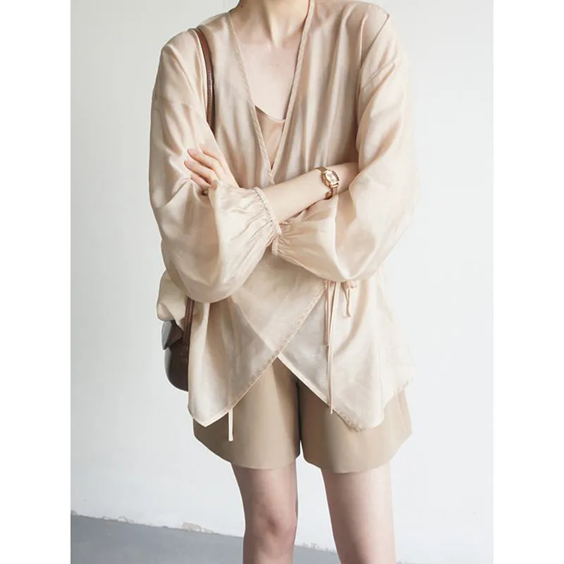 Lantern Sleeve Sun Protection Versatile Chiffon Slimming Symmetrical Exquisite Chic Shirt