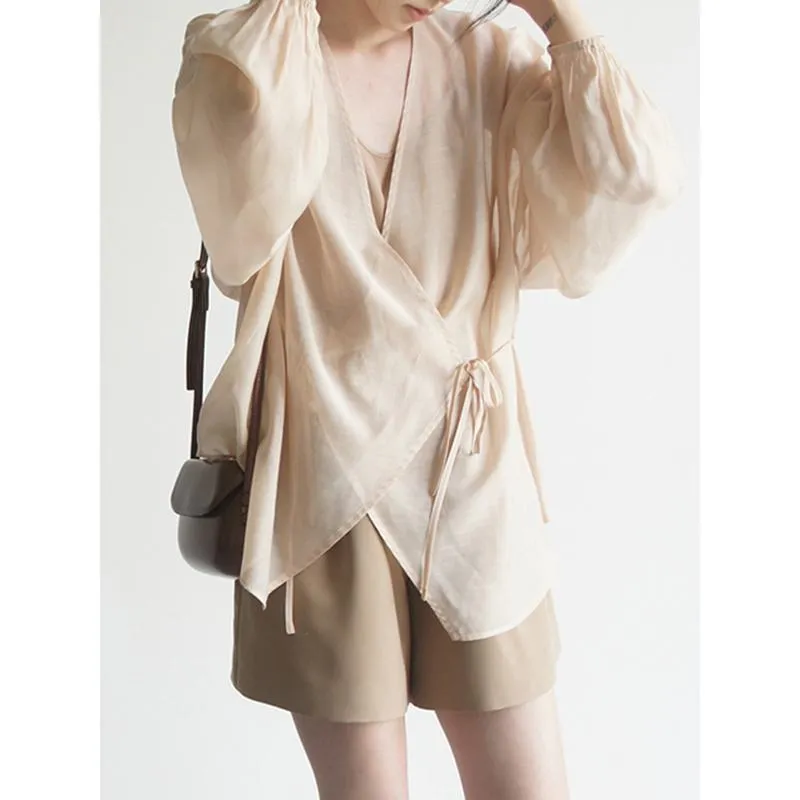 Lantern Sleeve Sun Protection Versatile Chiffon Slimming Symmetrical Exquisite Chic Shirt