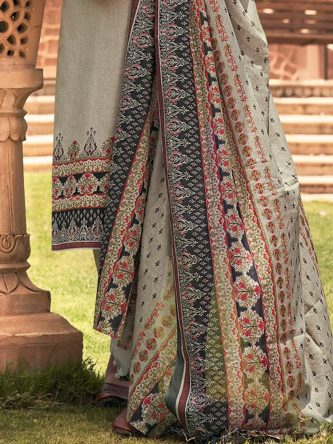 Lawn Cotton Grey Unstitched Suit Material with Embroidery